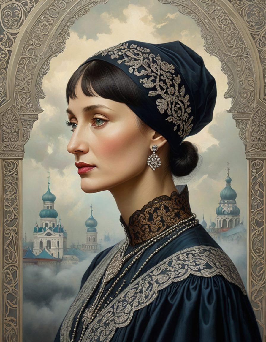 A portrait of Anna Akhmatova in early 20th-century Russian attire, surrounded by elements of her poetry written in elegant Cyrillic script, with the backdrop of St. Petersburg in a misty, ethereal atmosphere. Incorporate silver age Russian artwork motifs and reflections of her influential literary presence. Super-realistic. Vibrant colors. Vintage aesthetic.