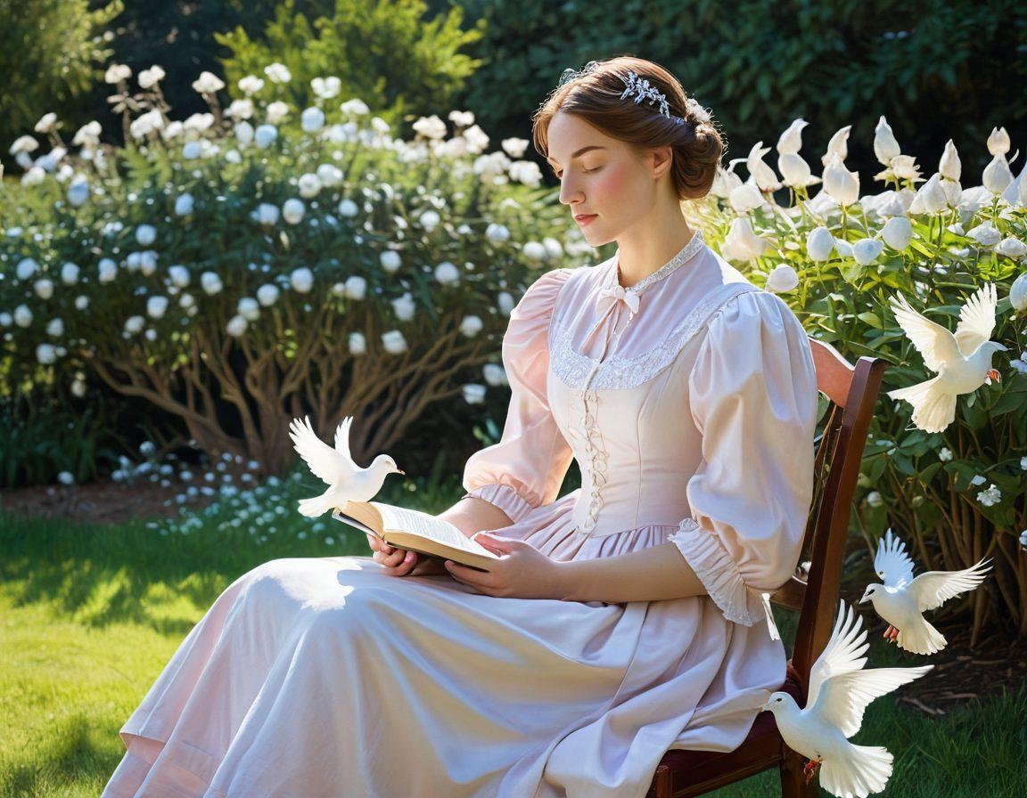 A serene, sunlit garden with a solitary figure of a pensive woman dressed in early 20th-century attire, surrounded by fluttering white doves, open books of poetry scattered on the ground, and a sense of melancholy yet enduring hope emanating from the scene. impressionist painting style. soft pastel colors.