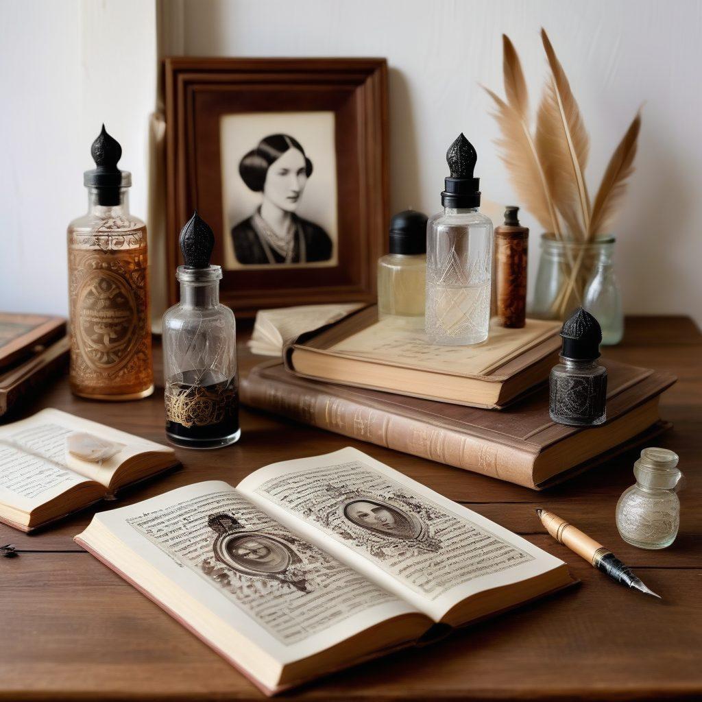 A serene scene of an old, ornate book of poetry open on a vintage wooden desk, surrounded by delicate quill pens and ink bottles. The background features an ethereal portrait of Anna Akhmatova, blending into dreamy abstract patterns symbolizing the essence of Russian modernist poetry. soft, warm colors. painterly style. white background.